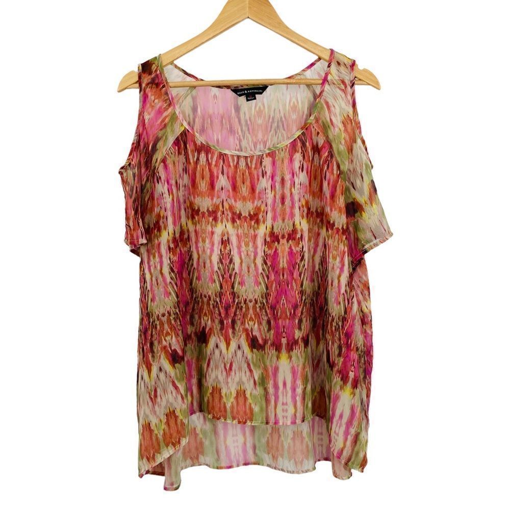 Rock & republic sheer cold shoulder orange and pink boho print high low top